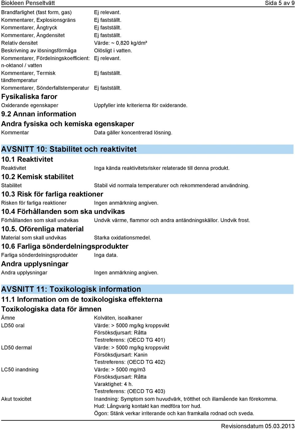 2 Annan information Andra fysiska och kemiska egenskaper Kommentar Data gäller koncentrerad lösning. Uppfyller inte kriterierna för oxiderande. AVSNITT 10: Stabilitet och reaktivitet 10.