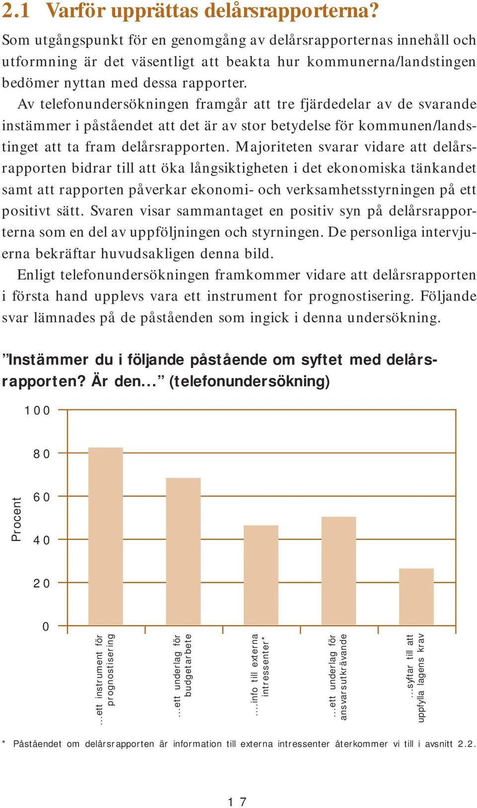 Av telefonundersökningen framgår att tre fjärdedelar av de svarande instämmer i påståendet att det är av stor betydelse för kommunen/landstinget att ta fram delårsrapporten.