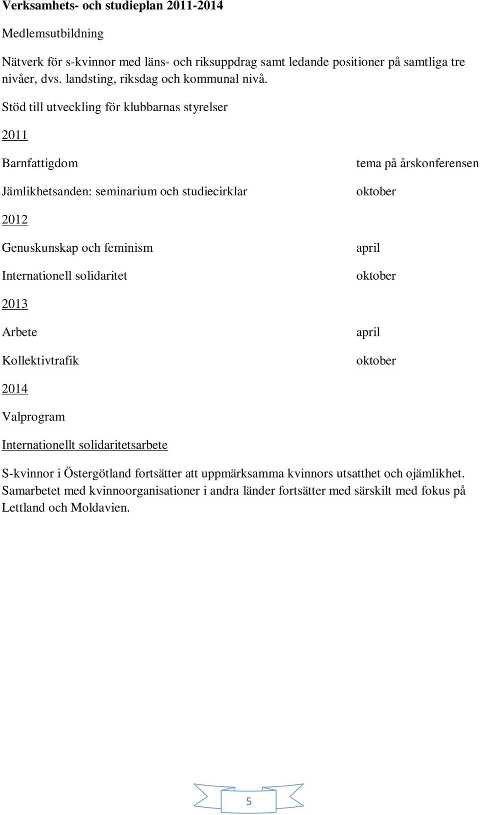 Stöd till utveckling för klubbarnas styrelser 2011 Barnfattigdom Jämlikhetsanden: seminarium och studiecirklar tema på årskonferensen 2012 Genuskunskap och feminism