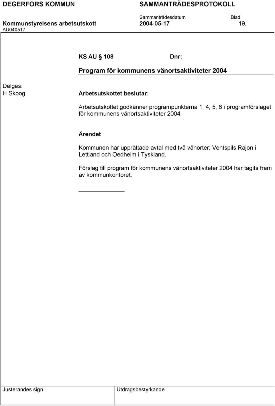 godkänner programpunkterna 1, 4, 5, 6 i programförslaget för kommunens vänortsaktiviteter 2004.