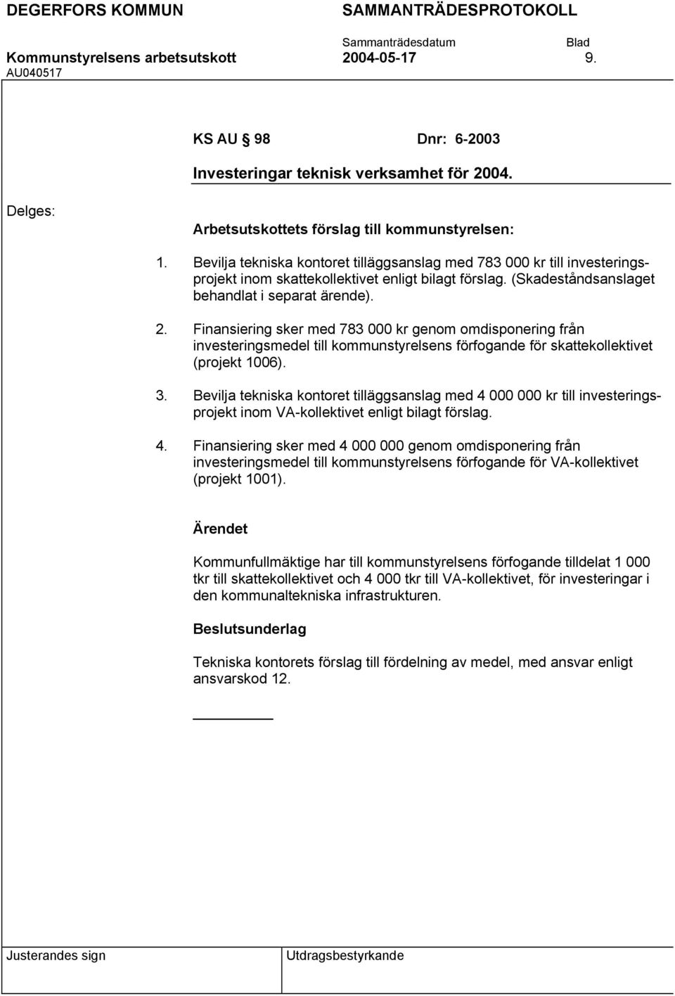 Finansiering sker med 783 000 kr genom omdisponering från investeringsmedel till kommunstyrelsens förfogande för skattekollektivet (projekt 1006).