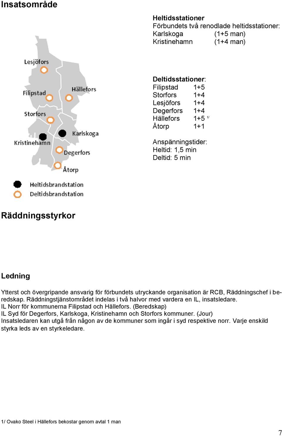 Räddningstjänstområdet indelas i två halvor med vardera en IL, insatsledare. IL Norr för kommunerna Filipstad och Hällefors.