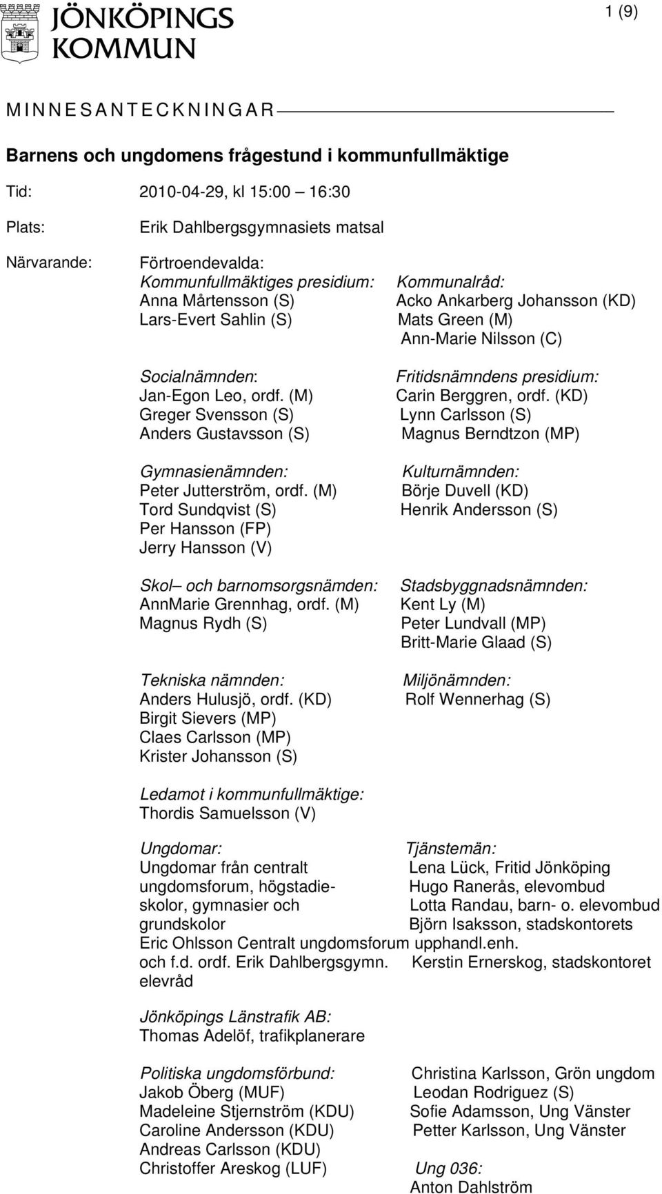 (M) Tord Sundqvist (S) Per Hansson (FP) Jerry Hansson (V) Skol och barnomsorgsnämden: AnnMarie Grennhag, ordf. (M) Magnus Rydh (S) Tekniska nämnden: Anders Hulusjö, ordf.