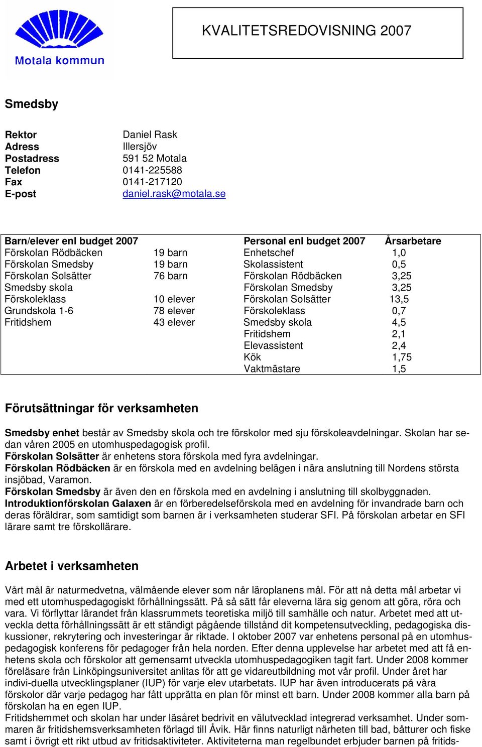 Rödbäcken 3,25 Smedsby skola Förskolan Smedsby 3,25 Förskoleklass 10 elever Förskolan Solsätter 13,5 Grundskola 1-6 78 elever Förskoleklass 0,7 Fritidshem 43 elever Smedsby skola 4,5 Fritidshem 2,1