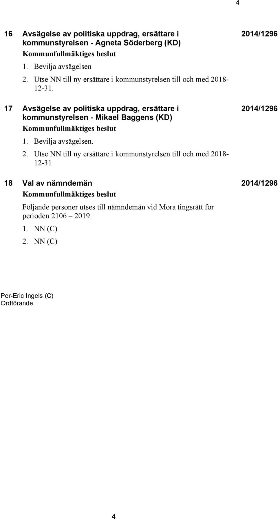 17 Avsägelse av politiska uppdrag, ersättare i kommunstyrelsen - Mikael Baggens (KD) Kommunfullmäktiges beslut 1. Bevilja avsägelsen. 2.