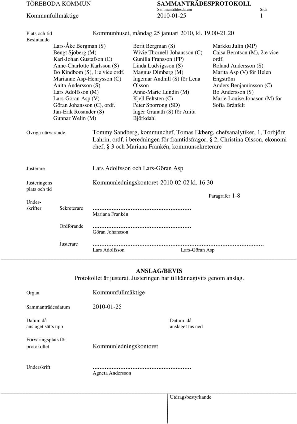 Anne-Charlotte Karlsson (S) Linda Ludvigsson (S) Roland Andersson (S) Bo Kindbom (S), 1:e vice ordf.
