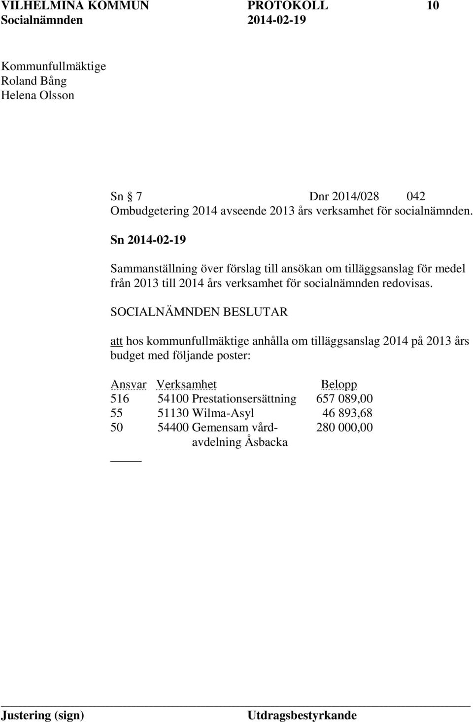 Sn 2014-02-19 Sammanställning över förslag till ansökan om tilläggsanslag för medel från 2013 till 2014 års verksamhet för socialnämnden