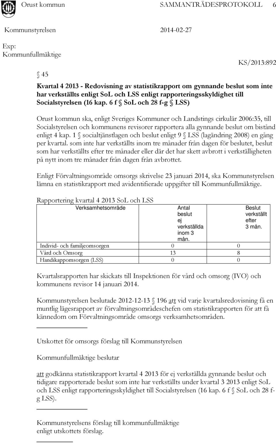 6 f SoL och 28 f-g LSS) Orust kommun ska, enligt Sveriges Kommuner och Landstings cirkulär 2006:35, till Socialstyrelsen och kommunens revisorer rapportera alla gynnande beslut om bistånd enligt 4