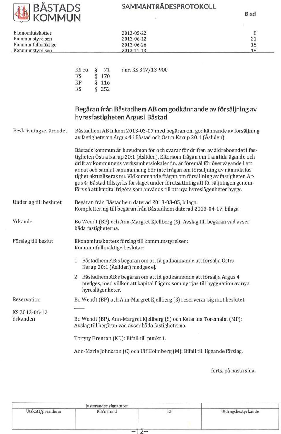 försäljning av fastigheterna Argus 4 i Båstad och Östra Karup 20:1 (Åsliden). Båstads kommun är huvudman för och svarar för driften av äldreboendet i fastigheten Östra Karup 20:1 (Åsliden).