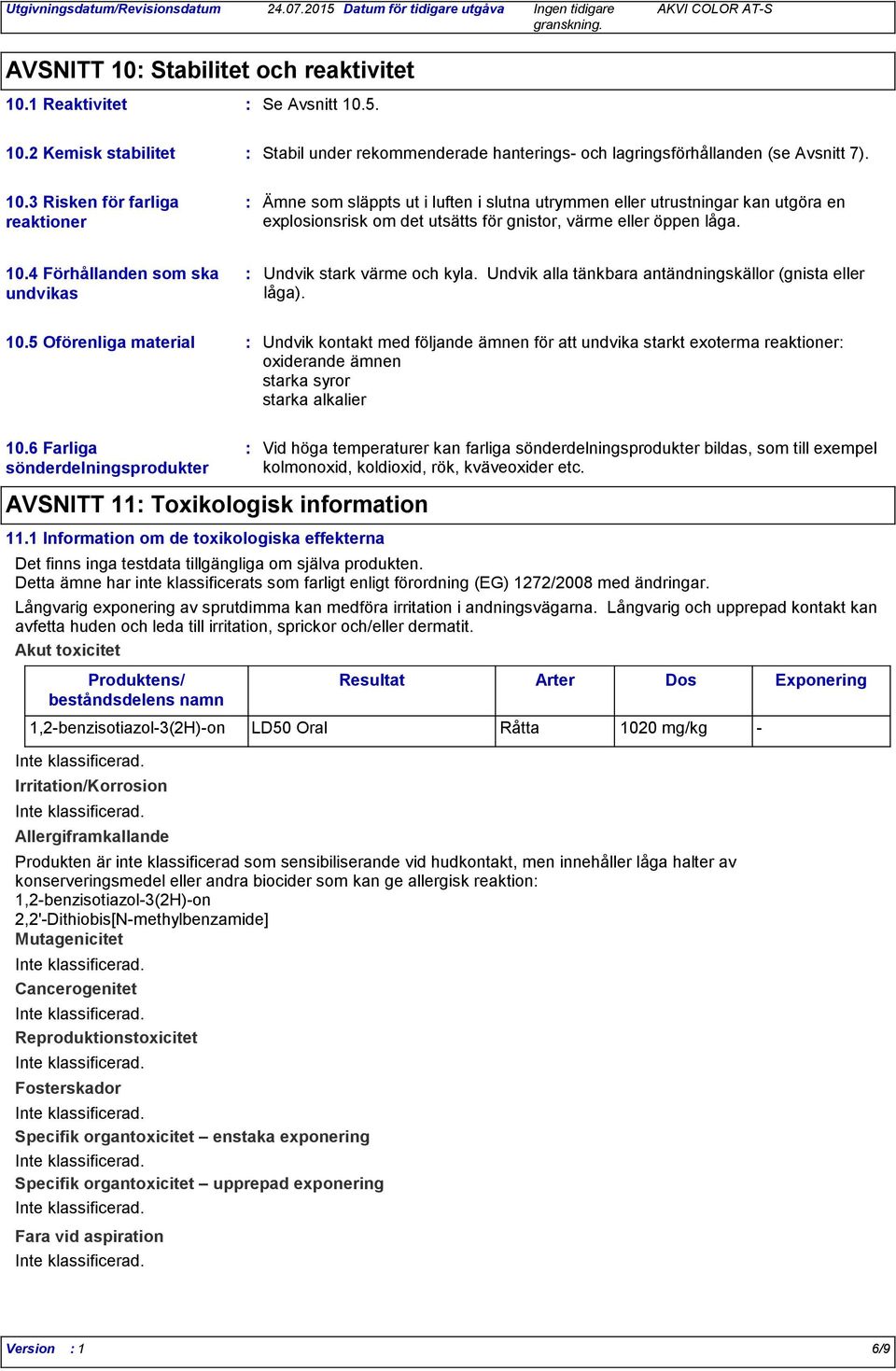 5 Oförenliga material Undvik kontakt med följande ämnen för att undvika starkt exoterma reaktioner oxiderande ämnen starka syror starka alkalier 10.