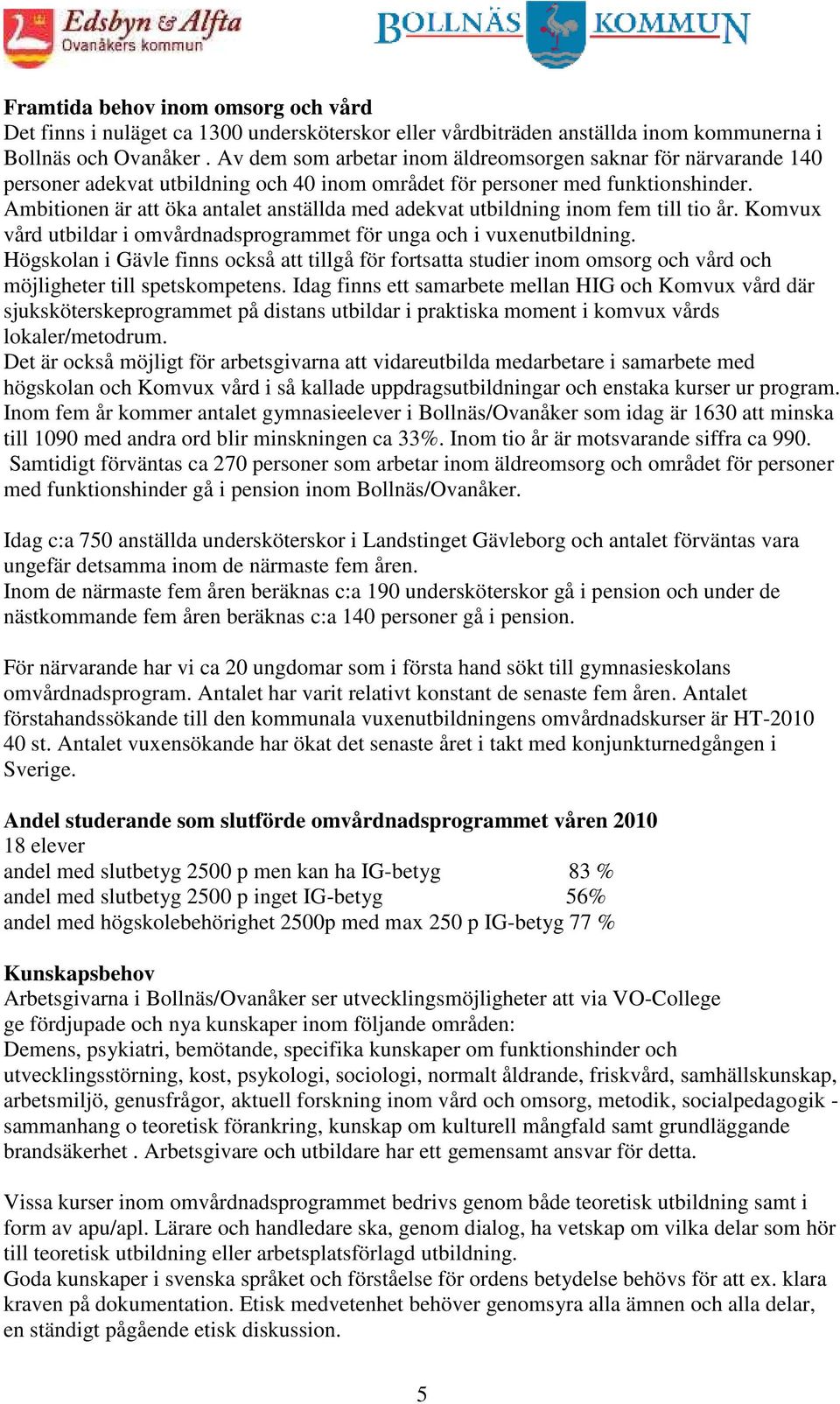 Ambitionen är att öka antalet anställda med adekvat utbildning inom fem till tio år. Komvux vård utbildar i omvårdnadsprogrammet för unga och i vuxenutbildning.