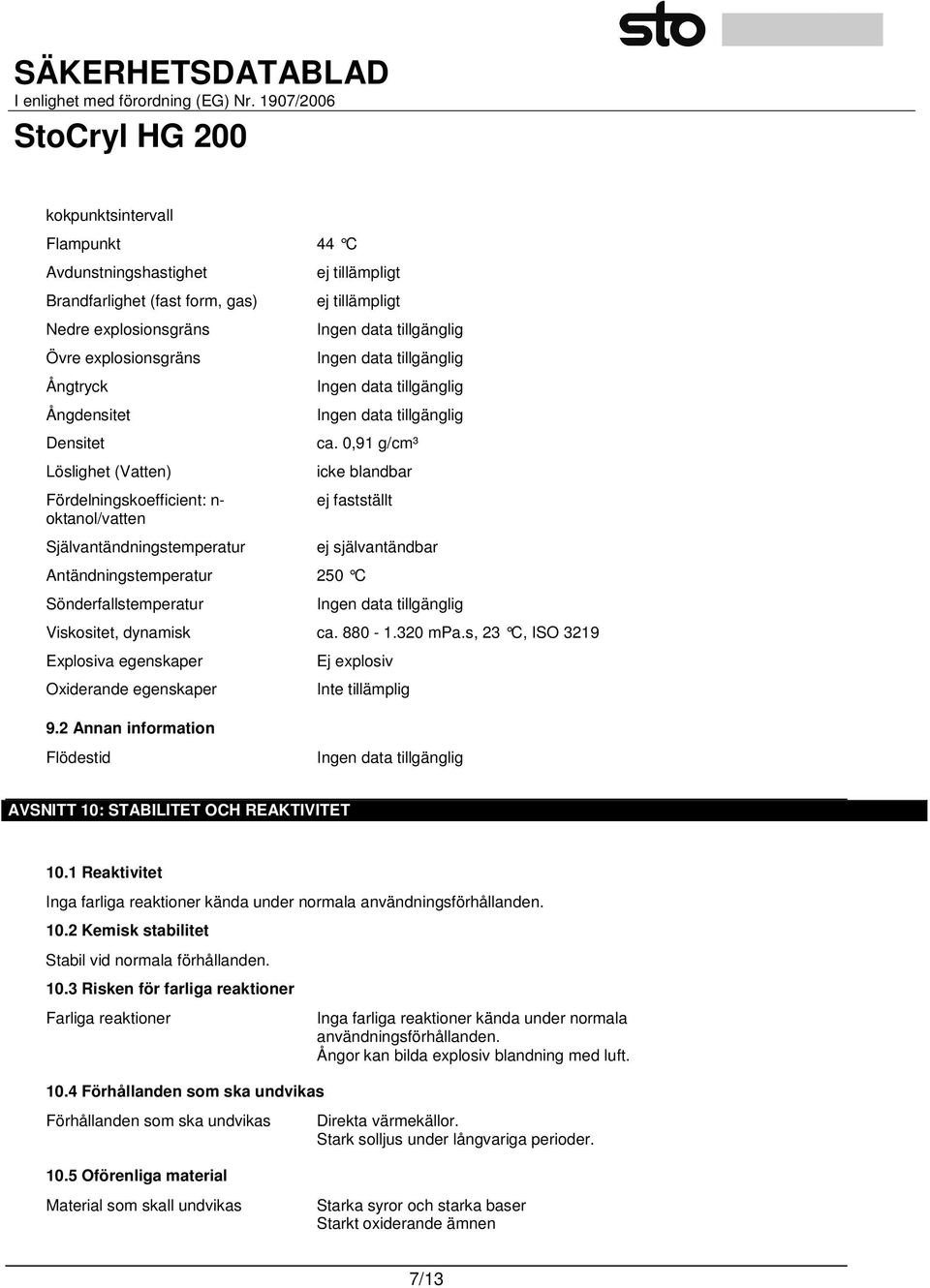 0,91 g/cm³ icke blandbar ej fastställt Antändningstemperatur 250 C Sönderfallstemperatur ej självantändbar Viskositet, dynamisk ca. 880-1.320 mpa.