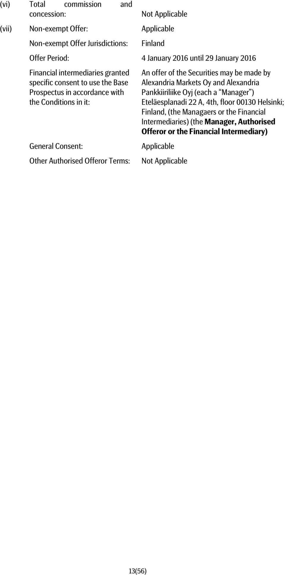 Offeror Terms: An offer of the Securities may be made by Alexandria Markets Oy and Alexandria Pankkiiriliike Oyj (each a Manager ) Eteläesplanadi 22 A, 4th,