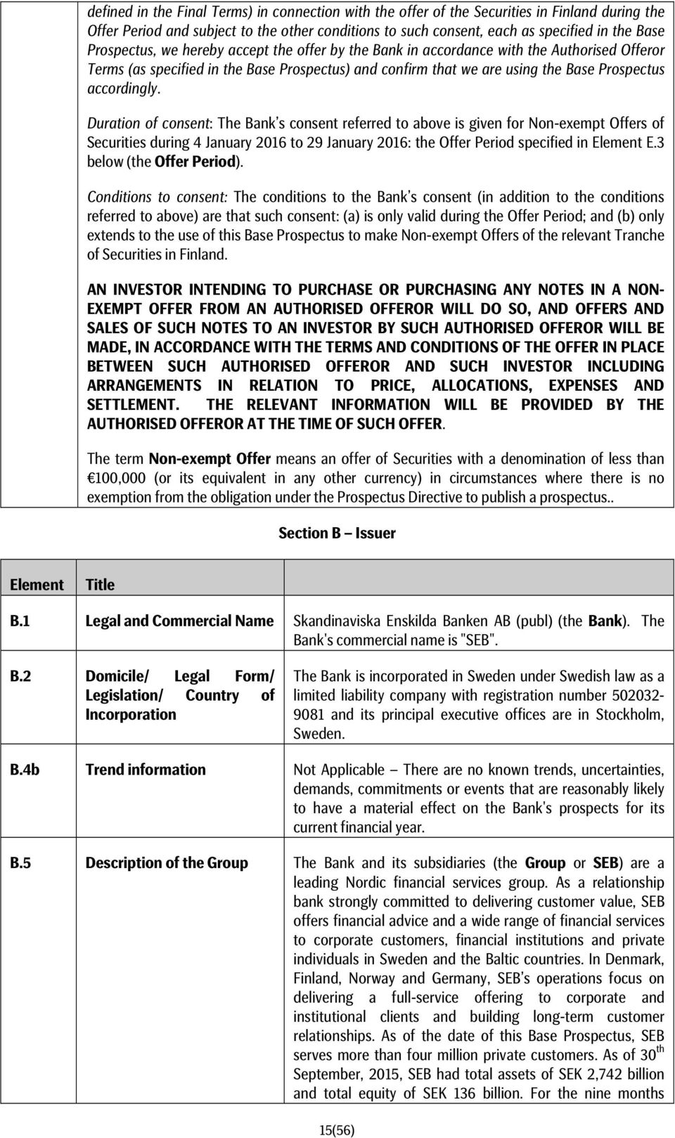 Duration of consent: The Bank s consent referred to above is given for Non-exempt Offers of Securities during 4 January 2016 to 29 January 2016: the Offer Period specified in Element E.