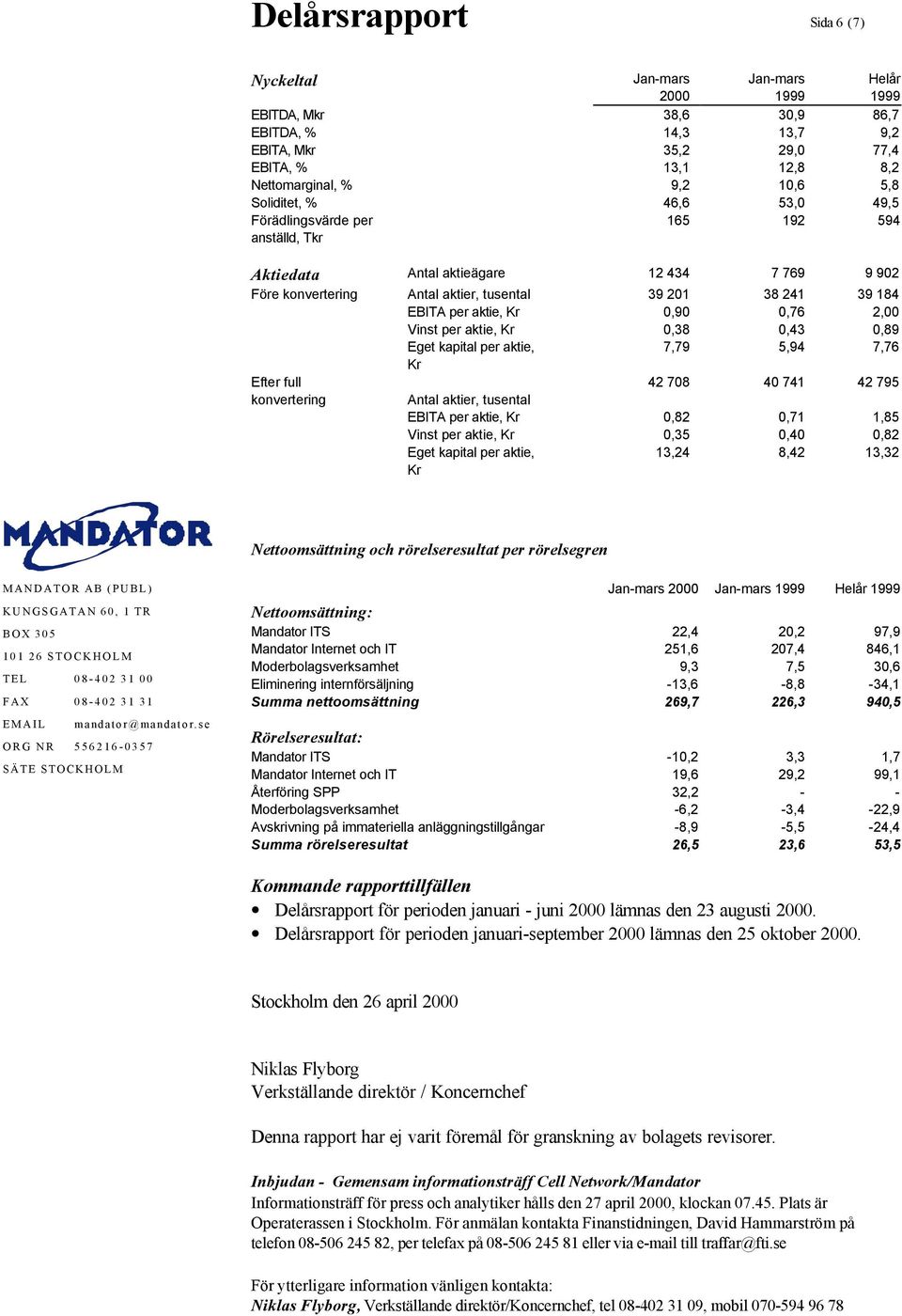 aktie, Kr 0,90 0,76 2,00 Vinst per aktie, Kr 0,38 0,43 0,89 Eget kapital per aktie, 7,79 5,94 7,76 Kr Efter full 42 708 40 741 42 795 konvertering Antal aktier, tusental EBITA per aktie, Kr 0,82 0,71