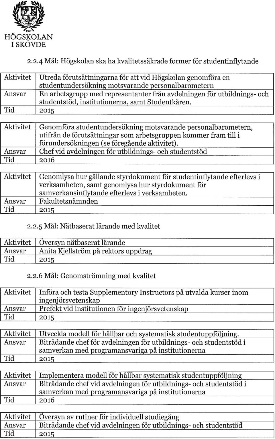 Aktivitet Genomföra studentundersökning motsvarande personalbarometern, utifrån de förutsättningar som arbetsgruppen kommer fram till i förundersökningen (se föregående aktivitet).