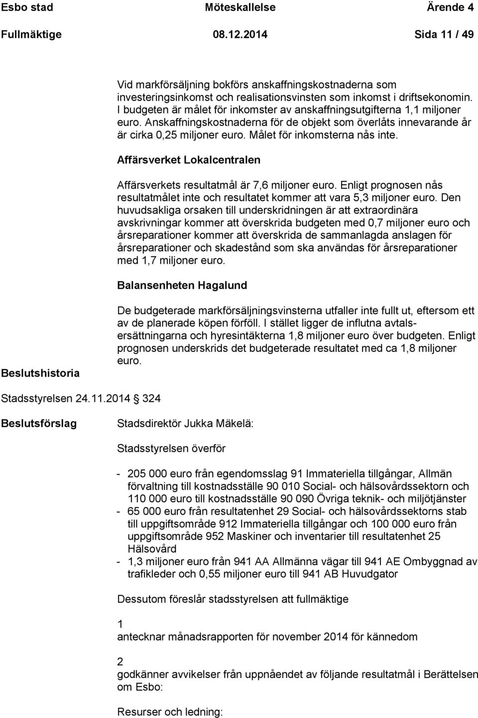 Målet för inkomsterna nås inte. Affärsverket Lokalcentralen Affärsverkets resultatmål är 7,6 miljoner euro. Enligt prognosen nås resultatmålet inte och resultatet kommer att vara 5,3 miljoner euro.