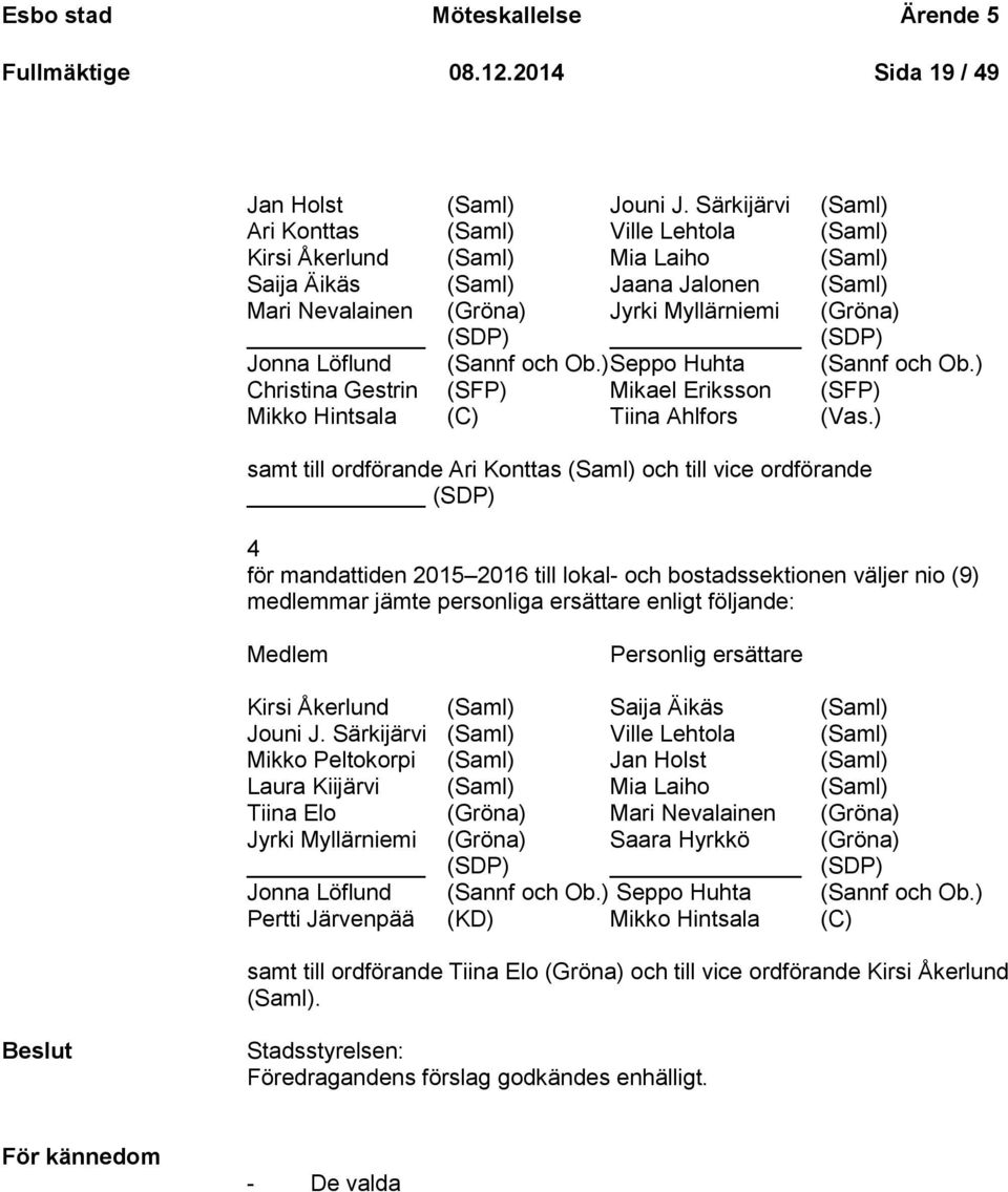 Jonna Löflund (Sannf och Ob.) Seppo Huhta (Sannf och Ob.) Christina Gestrin (SFP) Mikael Eriksson (SFP) Mikko Hintsala (C) Tiina Ahlfors (Vas.