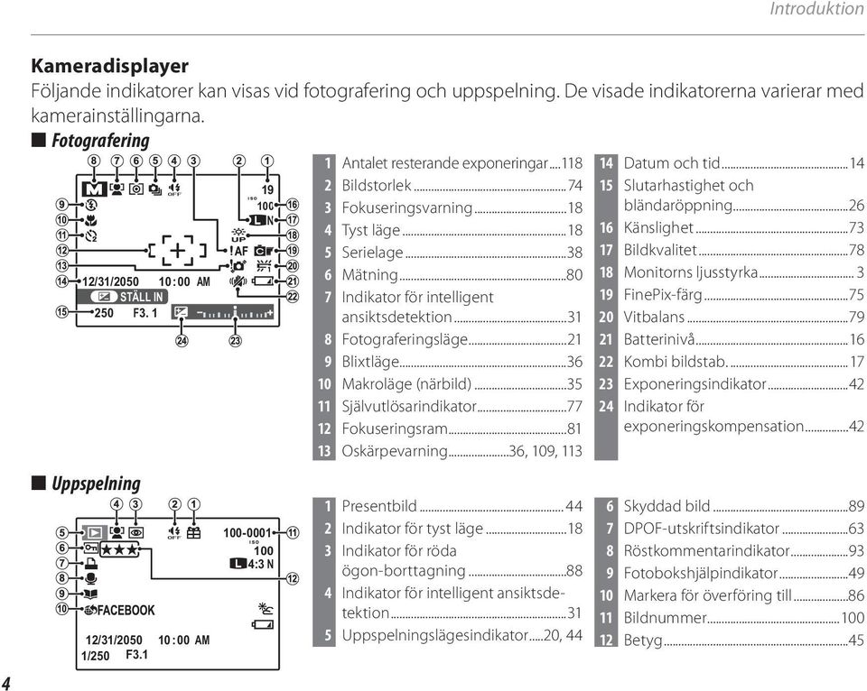 ..74 3 Fokuseringsvarning...18 4 Tyst läge...18 5 Serielage...38 6 Mätning...80 7 Indikator för intelligent ansiktsdetektion...31 8 Fotograferingsläge...21 9 Blixtläge...36 10 Makroläge (närbild).