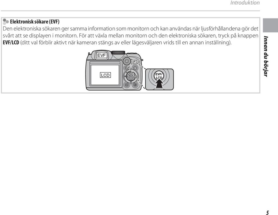 För att växla mellan monitorn och den elektroniska sökaren, tryck på knappen EVF/LCD (ditt val