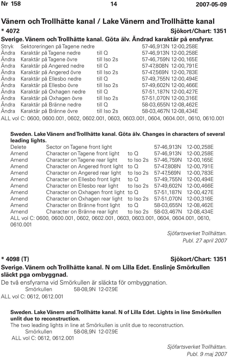 Angered nedre till Q 57-47,808N 12-00,791E Ändra Karaktär på Angered övre till Iso 2s 57-47,569N 12-00,783E Ändra Karaktär på Ellesbo nedre till Q 57-49,755N 12-00,494E Ändra Karaktär på Ellesbo övre