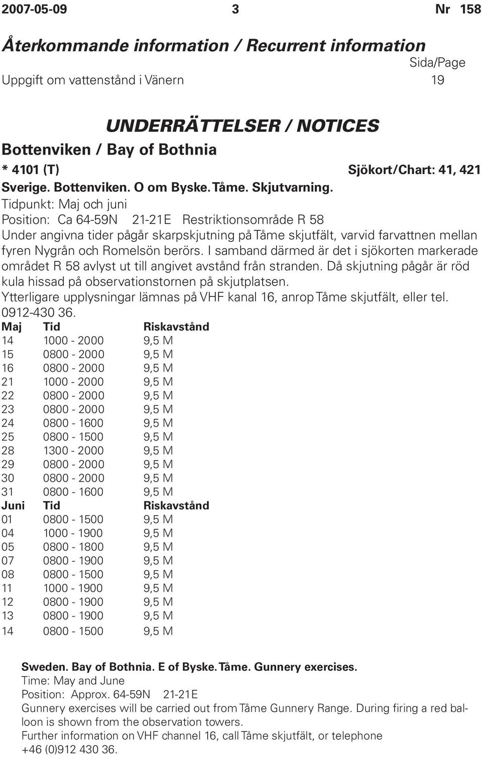 Tidpunkt: Maj och juni Position: Ca 64-59N 21-21E Restriktionsområde R 58 Under angivna tider pågår skarpskjutning på Tåme skjutfält, varvid farvattnen mellan fyren Nygrån och Romelsön berörs.