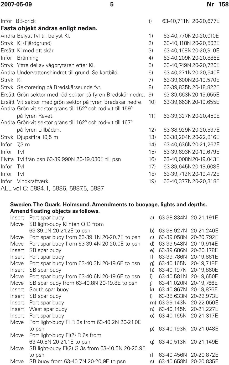 5) 63-40,749N 20-20,720E Ändra Undervattenshindret till grund. Se kartbild. 6) 63-40,271N 20-20,540E Stryk Kl 7) 63-39,600N 20-19,570E Stryk Sektorering på Bredskärssunds fyr.