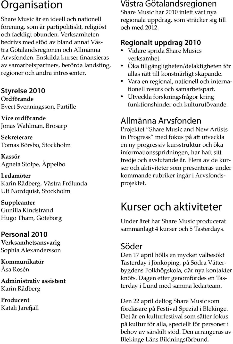 Styrelse 2010 Ordförande Evert Svenningsson, Partille Vice ordförande Jonas Wahlman, Brösarp Sekreterare Tomas Börsbo, Stockholm Kassör Agneta Stolpe, Äppelbo Ledamöter Karin Rådberg, Västra Frölunda