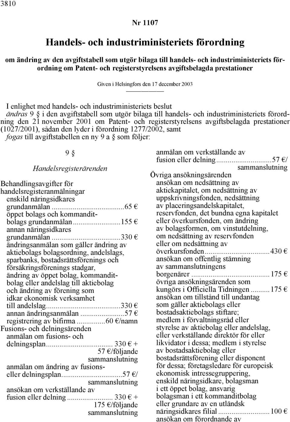 industriministeriets förordning den 21 november 2001 om Patent- och registerstyrelsens avgiftsbelagda prestationer (1027/2001), sådan den lyder i förordning 1277/2002, samt fogas till avgiftstabellen