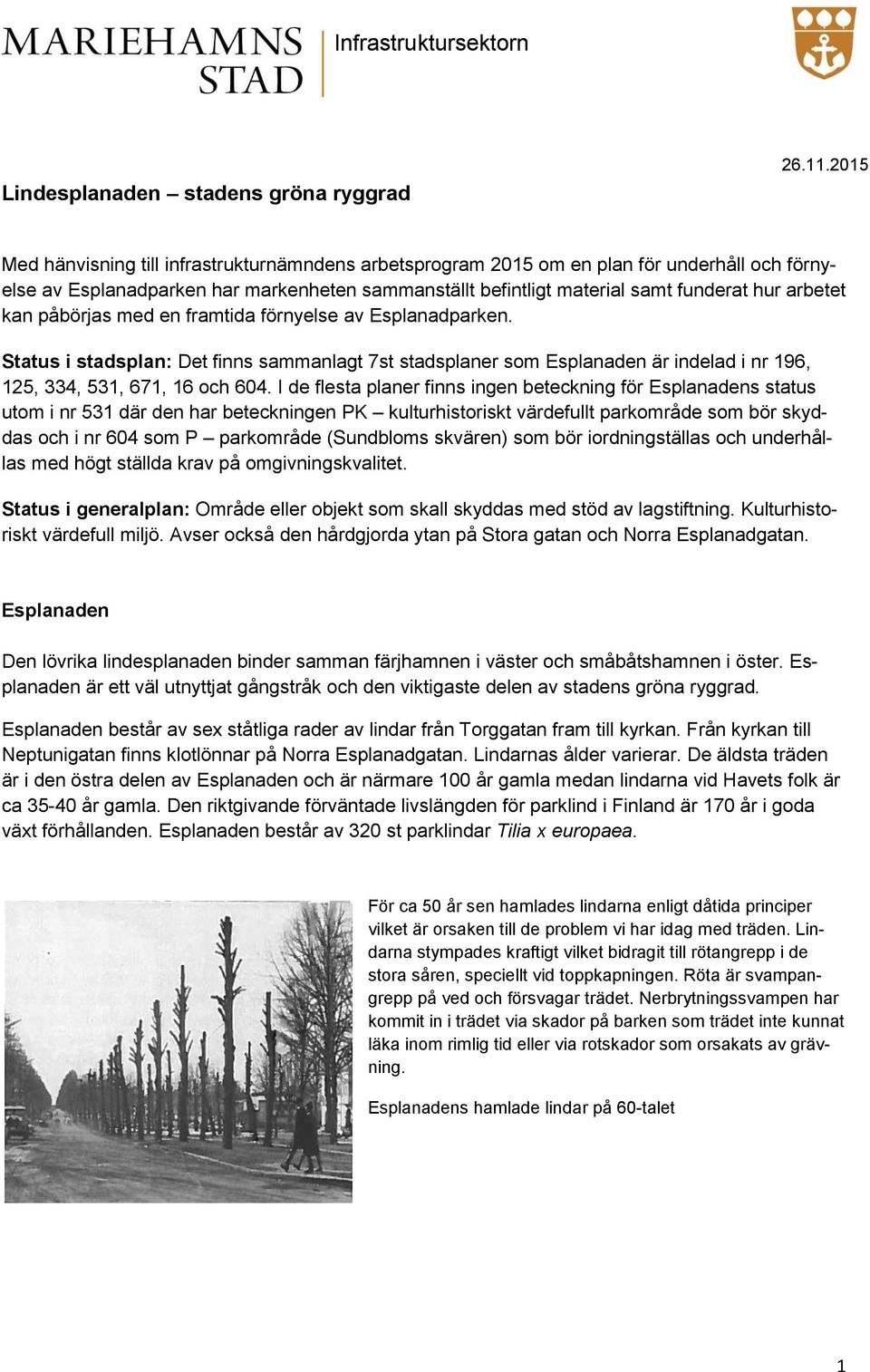 kan påbörjas med en framtida förnyelse av Esplanadparken. Status i stadsplan: Det finns sammanlagt 7st stadsplaner som Esplanaden är indelad i nr 196, 125, 334, 531, 671, 16 och 604.