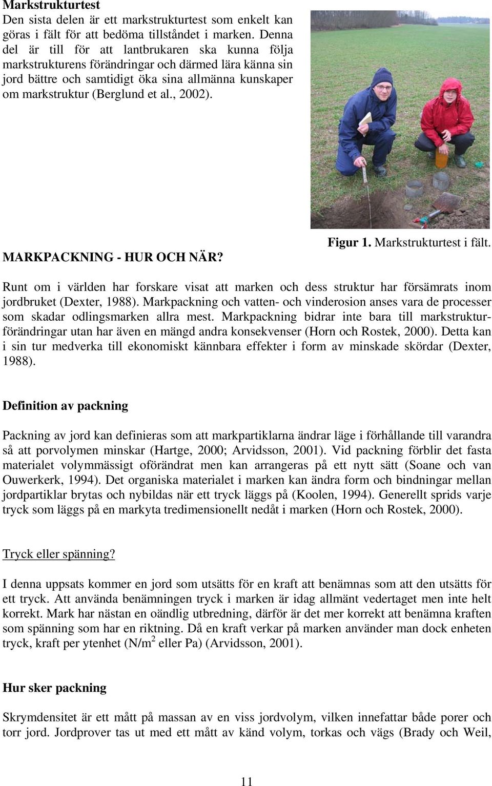 , 2002). MARKPACKNING - HUR OCH NÄR? Figur 1. Markstrukturtest i fält. Runt om i världen har forskare visat att marken och dess struktur har försämrats inom jordbruket (Dexter, 1988).