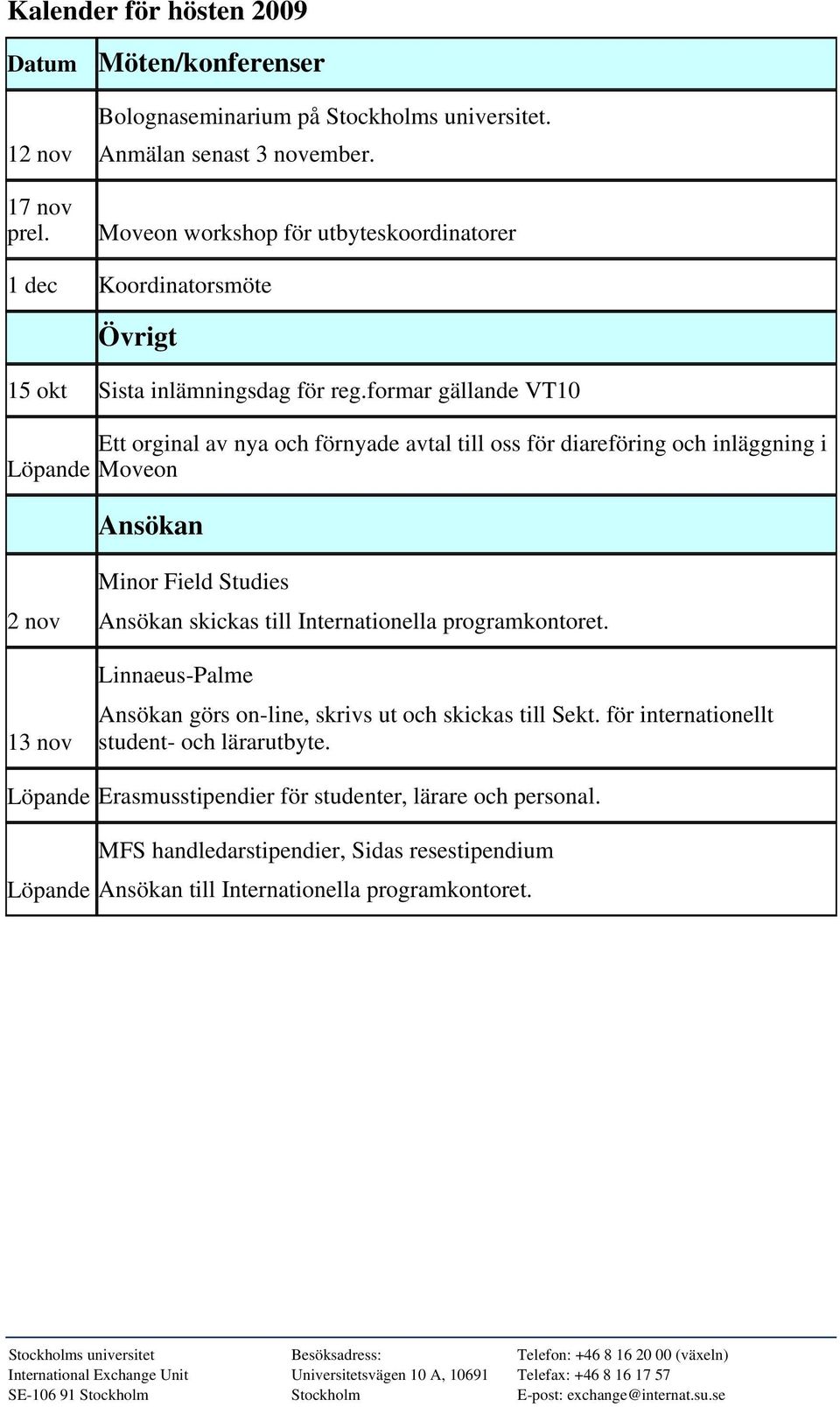 formar gällande VT10 Löpande Ett orginal av nya och förnyade avtal till oss för diareföring och inläggning i Moveon Ansökan 2 nov 13 nov Minor Field Studies Ansökan skickas till Internationella