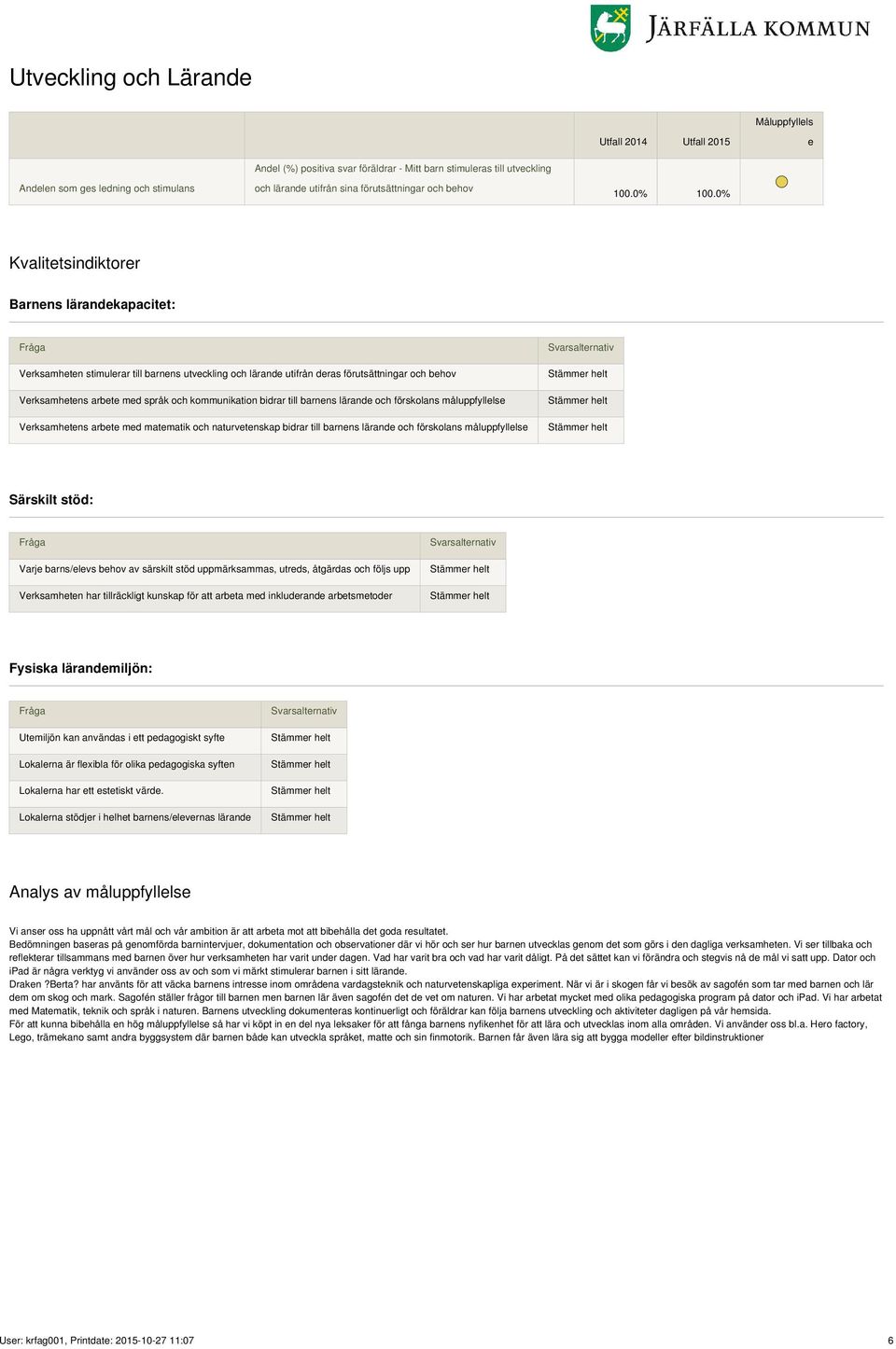 språk och kommunikation bidrar till barnens lärande och förskolans måluppfyllelse Verksamhetens arbete med matematik och naturvetenskap bidrar till barnens lärande och förskolans måluppfyllelse