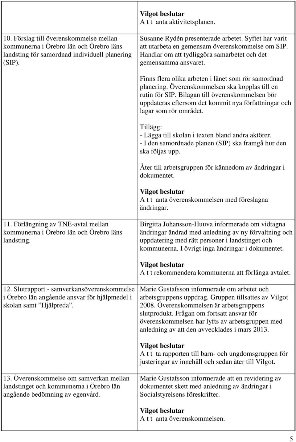 Överenskommelsen ska kopplas till en rutin för SIP. Bilagan till överenskommelsen bör uppdateras eftersom det kommit nya författningar och lagar som rör området.
