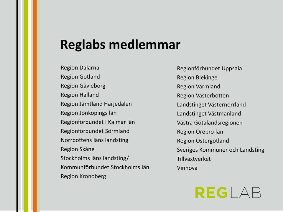 Kommunförbundet Stockholms län Region Kronoberg Regionförbundet Uppsala Region Blekinge Region Värmland Region Västerbotten Landstinget