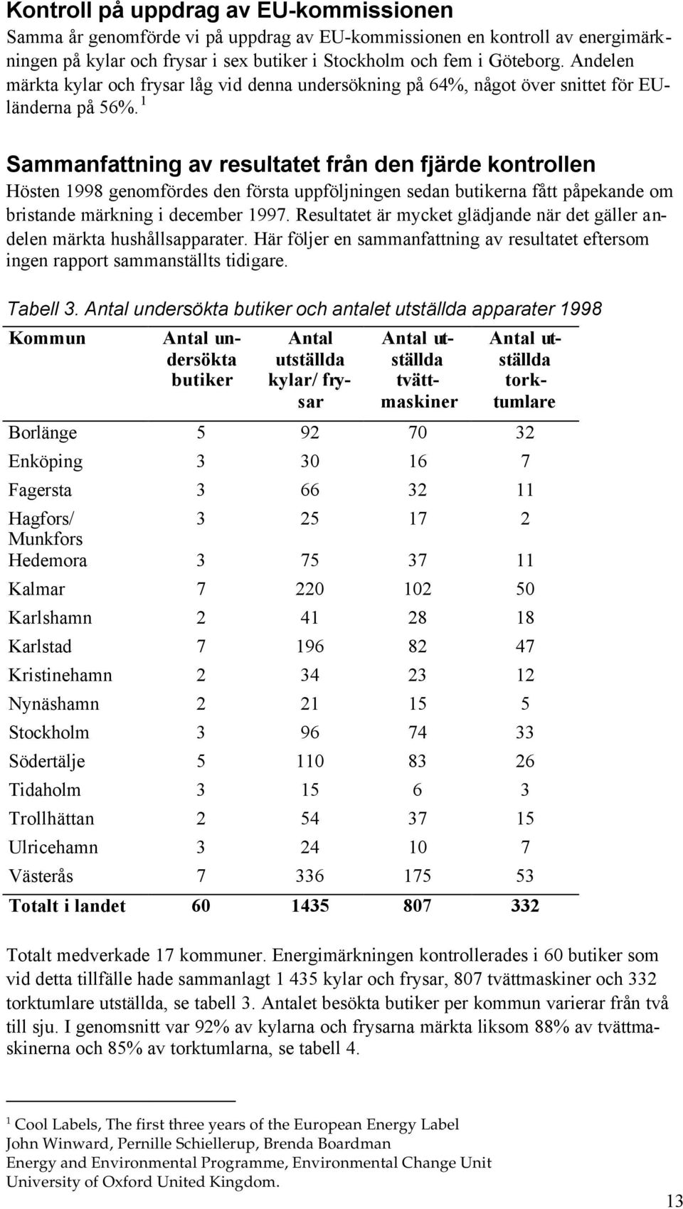 1 Sammanfattning av resultatet från den fjärde kontrollen Hösten 1998 genomfördes den första uppföljningen sedan butikerna fått påpekande om bristande märkning i december 1997.