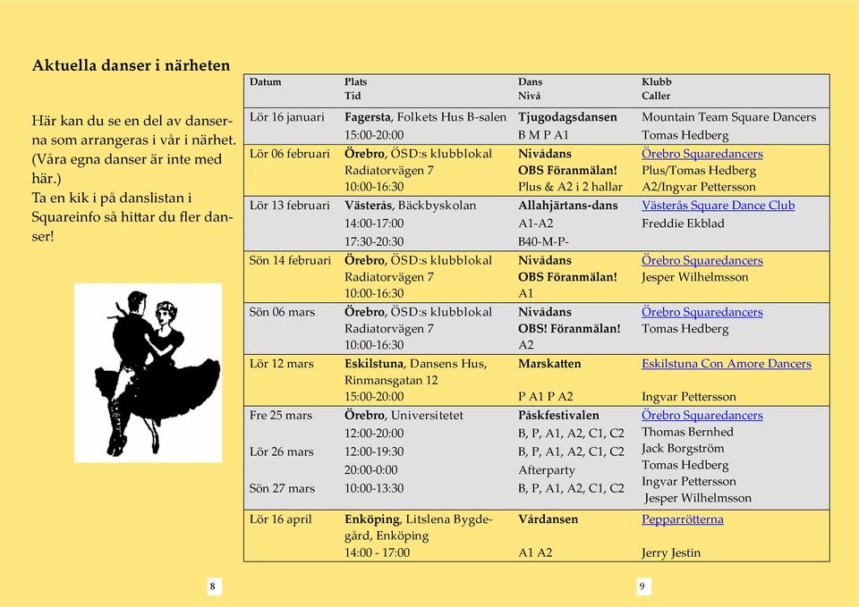 ÖSD:s klubblokal Radiatorvägen 7 10:00-16:30 Västerås,, Bäckbyskolan Allahjärtans-dans Västerås Square Dance Club 14:00-17:00 17:30-20:30 Örebro,, ÖSD:s klubblokal Radiatorvägen 7 10:00-16:30