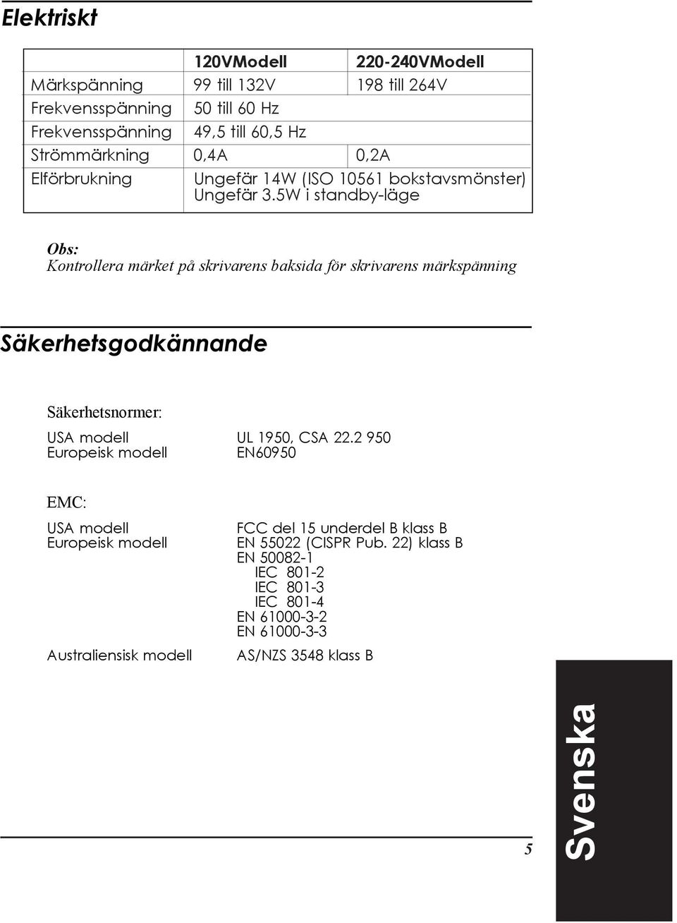 5W i standby-lšge Obs: Kontrollera mšrket pœ skrivarens baksida fšr skrivarens mšrkspšnning SŠkerhetsgodkŠnnande SŠkerhetsnormer: USA modell UL 1950, CSA 22.