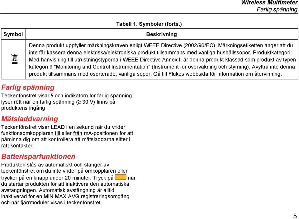 Produktkategori: Med hänvisning till utrustningstyperna i WEEE Directive Annex I, är denna produkt klassad som produkt av typen kategori 9 "Monitoring and Control Instrumentation" (Instrument för