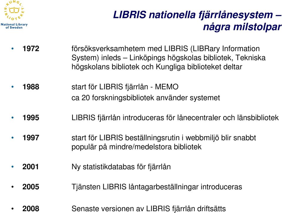 LIBRIS fjärrlån introduceras för lånecentraler och länsbibliotek 1997 start för LIBRIS beställningsrutin i webbmiljö blir snabbt populär på