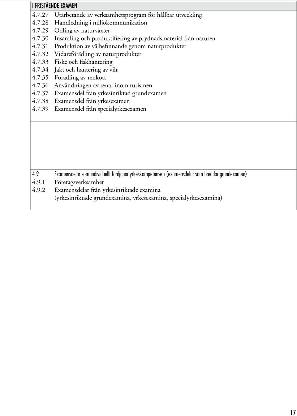 7.37 Examensdel från yrkesinriktad grundexamen 4.7.38 Examensdel från yrkesexamen 4.7.39 Examensdel från specialyrkesexamen 4.