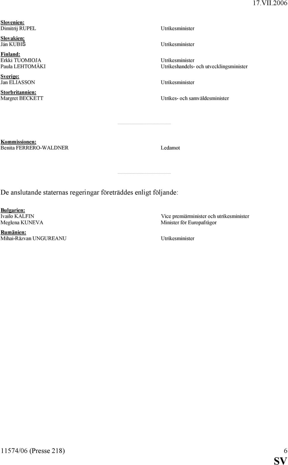 Benita FERRERO-WALDNER Ledamot De anslutande staternas regeringar företräddes enligt följande: Bulgarien: Ivailo KALFIN