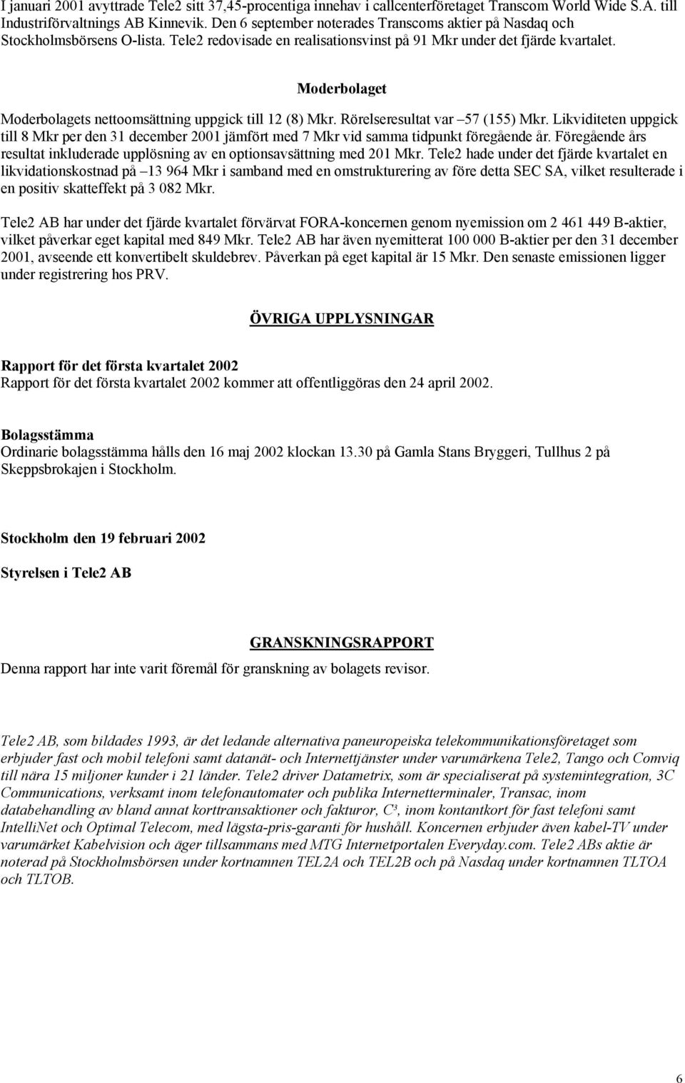 Moderbolaget Moderbolagets nettoomsättning uppgick till 12 (8) Mkr. Rörelseresultat var 57 (155) Mkr.