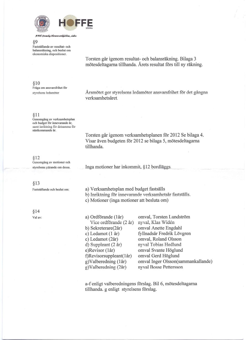 11 Genomgång av verksamhetsplan och bndget för innevarande år, samt inriktning for detsamma för nästkommande år. Torsten går igenom verksamhetsplanen för 2012 Se bilaga 4.