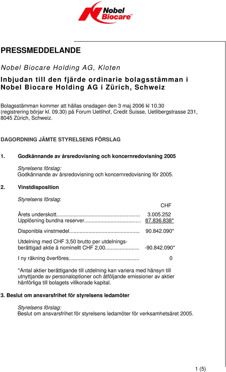 Godkännande av årsredovisning och koncernredovisning 2005 Godkännande av årsredovisning och koncernredovisning för 2005. 2. Vinstdisposition CHF Årets underskott... 3.005.252 Upplösning bundna reserver.