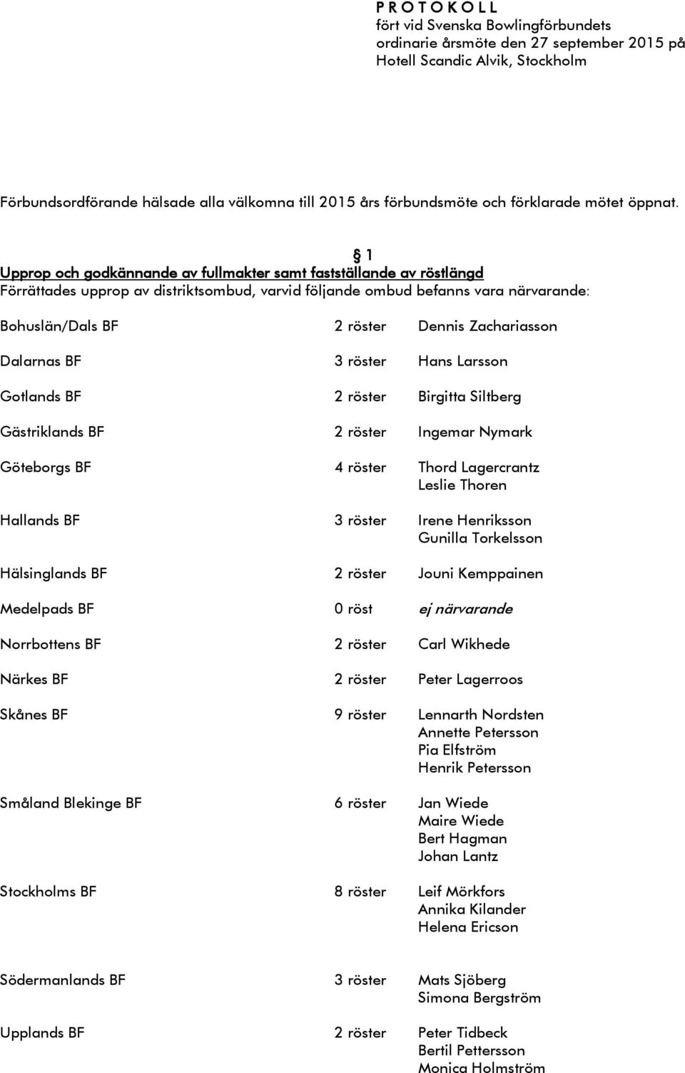1 Upprop och godkännande av fullmakter samt fastställande av röstlängd Förrättades upprop av distriktsombud, varvid följande ombud befanns vara närvarande: Bohuslän/Dals BF 2 röster Dennis