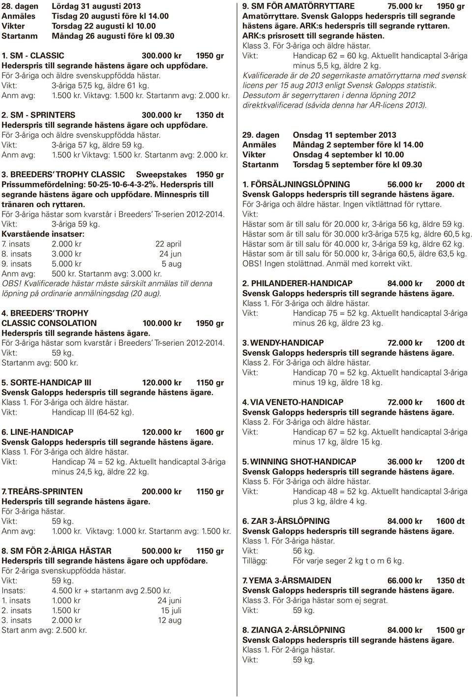000 kr. 2. SM - SPRINTERS 300.000 kr 1350 dt Hederspris till segrande hästens ägare och uppfödare. För 3-åriga och äldre svenskuppfödda hästar. 3-åriga 57 kg, äldre 59 kg. Anm avg: 1.
