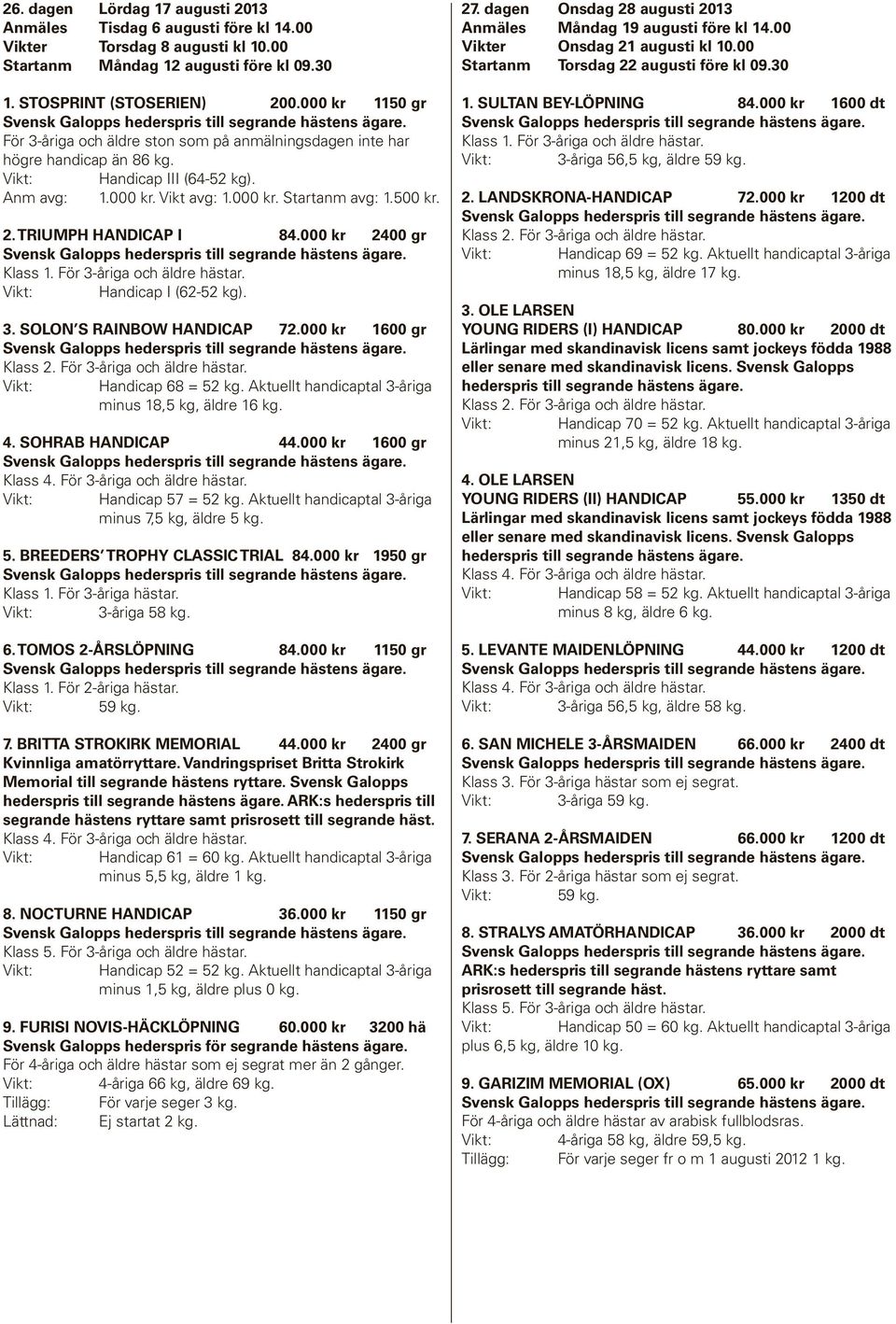 TRIUMPH HANDICAP I 84.000 kr 2400 gr Handicap I (62-52 kg). 3. SOLON S RAINBOW HANDICAP 72.000 kr 1600 gr Handicap 68 = 52 kg. Aktuellt handicaptal 3-åriga minus 18,5 kg, äldre 16 kg. 4.