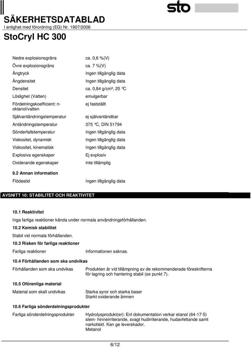 Sönderfallstemperatur Viskositet, dynamisk Viskositet, kinematisk Explosiva egenskaper Oxiderande egenskaper Ej explosiv Inte tillämplig 9.