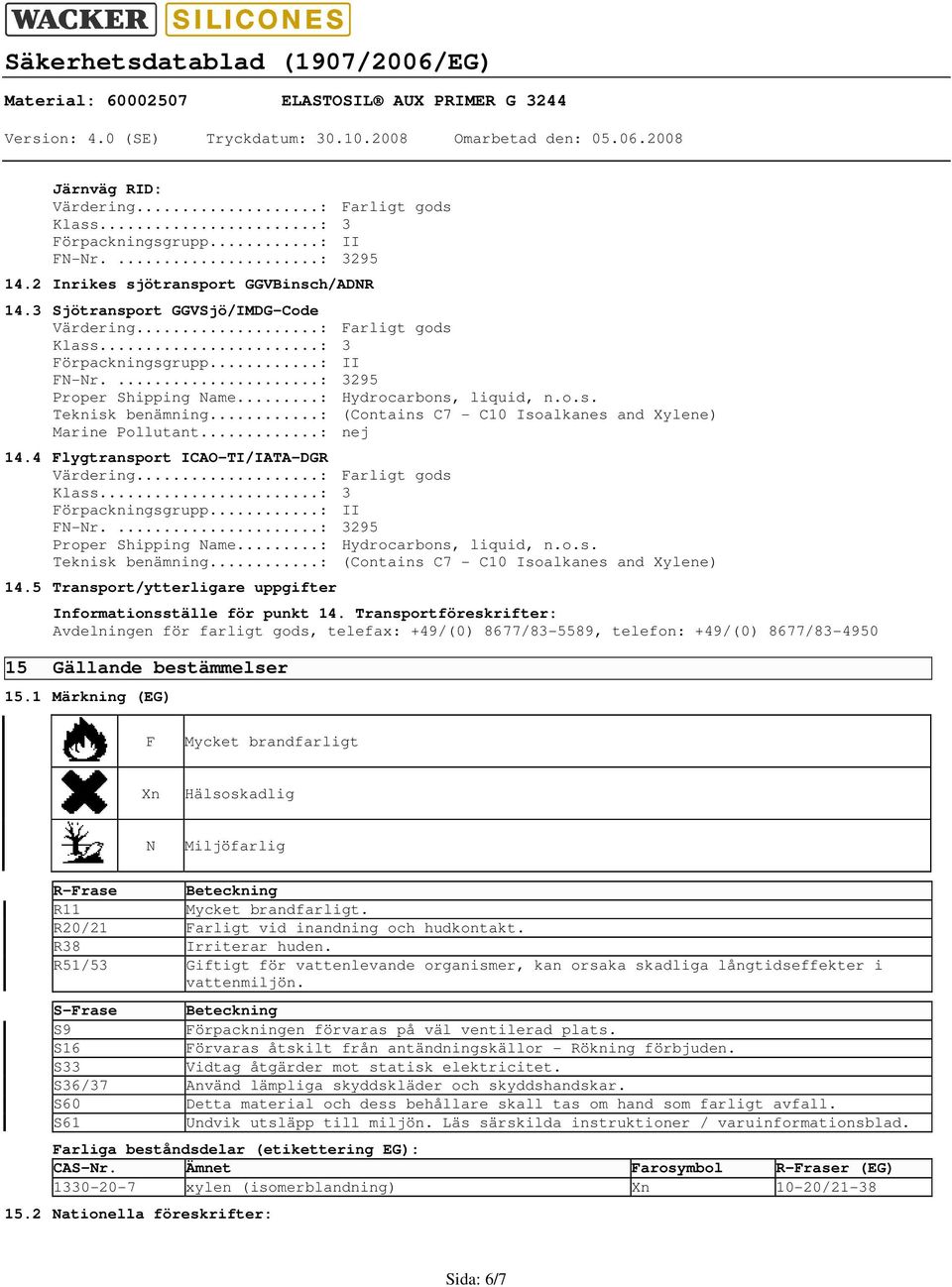 ..: (Contains C7 C10 Isoalkanes and Xylene) 14.5 Transport/ytterligare uppgifter Informationsställe för punkt 14.